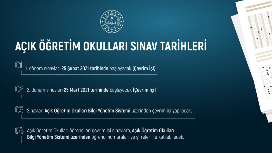 Açıköğretim Okulları 1. Dönem Sınavları 25 Şubat' ta Çevrim İçi Başlayacak